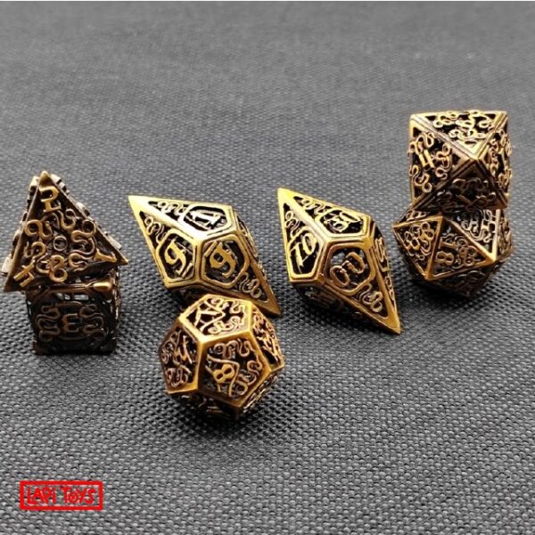 Hollow polydice Golden Serpent - Metaal - 7 stuks - Inclusief dice bag - Goudkleurig