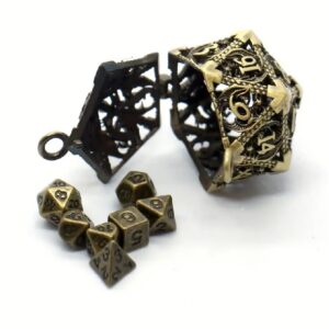 D20 sleutelhanger Gold Relic inclusief mini polydice set - Metaal - Grijs