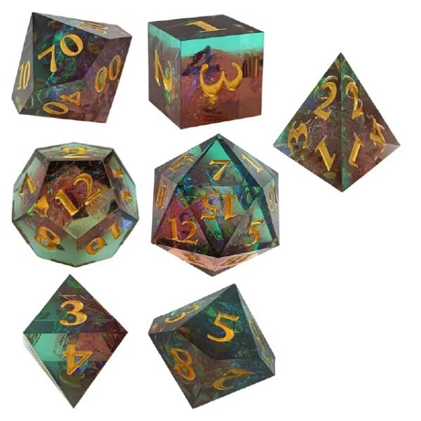 Polydice Gloom Sharp Edge - Resin - 7 stuks - Inclusief dice bag - Groen - Blauw/ Rood