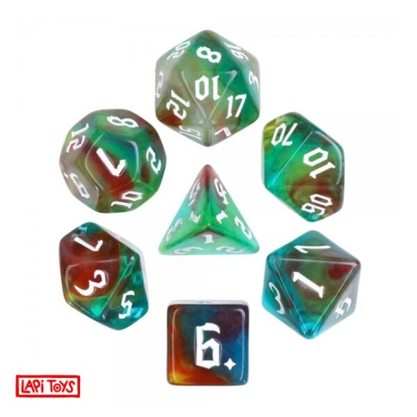 Polydice Forrest Runes - Acryl - 7 stuks - Inclusief dice bag - Groen/ Rood/ Blauw