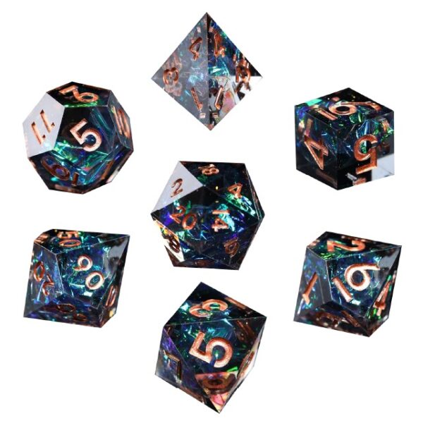 Polydice Dark Night Sharp Edge - Resin - 7 stuks - Inclusief dice bag - Groen/ Blauw