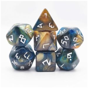 Polydice Volcanic Runes - Acryl - 7 stuks - Inclusief dice bag - Bruin/ Meerkleurig