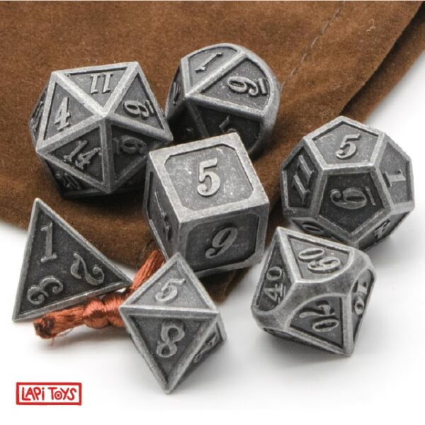 Polydice Dwarven Iron - Metaal - 7 stuks - Inclusief dice bag - Zilverkleurig