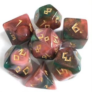 Polydice Bloodstone Runes - Acryl - 7 stuks - Inclusief dice bag - Roze/ Groen