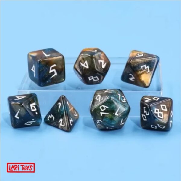 Polydice Volcanic Runes - Acryl - 7 stuks - Inclusief dice bag - Bruin/ Meerkleurig