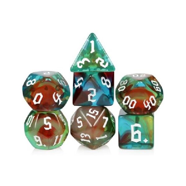 Polydice Forrest Runes - Acryl - 7 stuks - Inclusief dice bag - Groen/ Rood/ Blauw