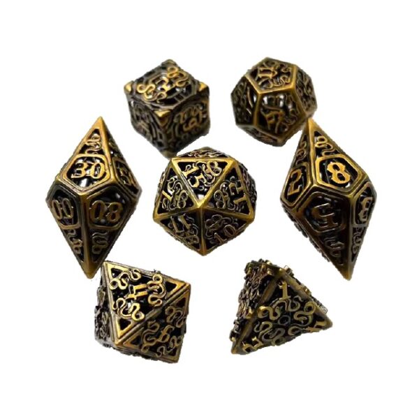 Hollow polydice Golden Serpent - Metaal - 7 stuks - Inclusief dice bag - Goudkleurig