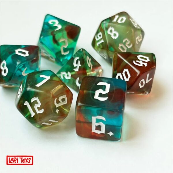 Polydice Forrest Runes - Acryl - 7 stuks - Inclusief dice bag - Groen/ Rood/ Blauw