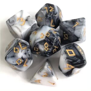 Polydice Marble Runes - Acryl - 7 stuks - Inclusief dice bag - Zwart/ Wit