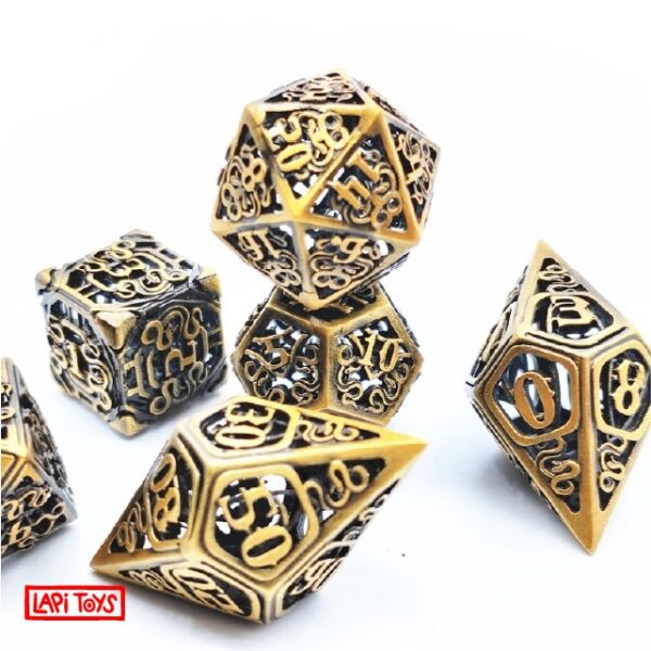 Hollow polydice Golden Serpent - Metaal - 7 stuks - Inclusief dice bag - Goudkleurig