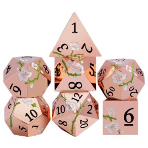 Polydice Rose Gold Fey Blossom - Metaal - 7 stuks - Inclusief dice bag - Koperkleurig