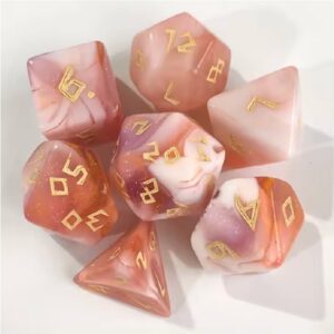 Polydice Milky Rose Runes - Acryl - 7 stuks - Inclusief dice bag - Roze/ Wit