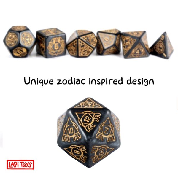 Polydice Zodiac Obsidian XL - Resin - 7 stuks - Inclusief dice bag - Zwart