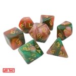 Polydice Bloodstone Runes - Acryl - 7 stuks - Inclusief dice bag - Roze/ Groen