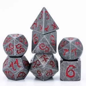 Lapi Toys - DnD dice set Dragon's Metal - Dungeons and dragons metalen dobbelstenen - 7 stuks - Metaal - Grijs - Rood