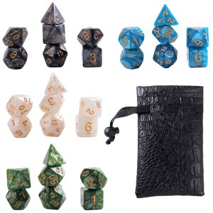Lapi Toys - DnD dice set Marbled Blend - Dungeons and dragons dobbelstenen - Mega set - 28 stuks (4 sets) - Dice bag - Acryl - Zwart - Blauw - Wit - Groen