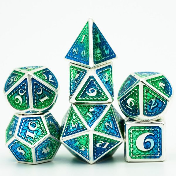 Lapi Toys - DnD dice set Dragon's Scale - 7 stuks -  Inclusief bewaarzak - Metaal - Groen - Blauw