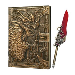 DnD Silver Dragon's A5 Hardcover Notebook - With red feather pen set - Zilver