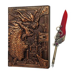 DnD Bronze Dragon's A5 Hardcover Notebook - With red feather pen set - Brons