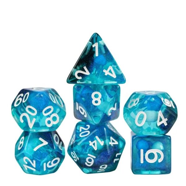 Polydice Ocean's Light - Resin - 7 stuks - Inclusief dice bag - Blauw