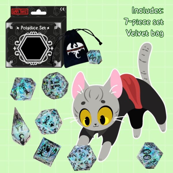 Polydice Cat Scratch - Resin - 7 stuks - Inclusief dice bag - Transparant - Blauw