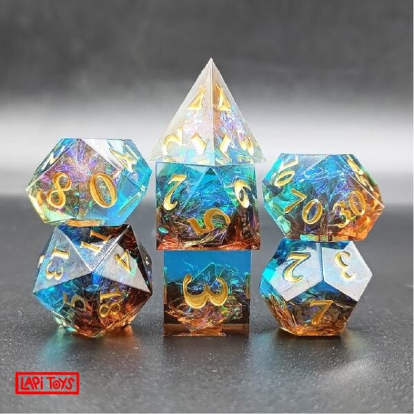 Polydice Firey Sunset Sharp Edge  - Resin - 7 stuks - Inclusief dice bag - Oranje/ Blauw