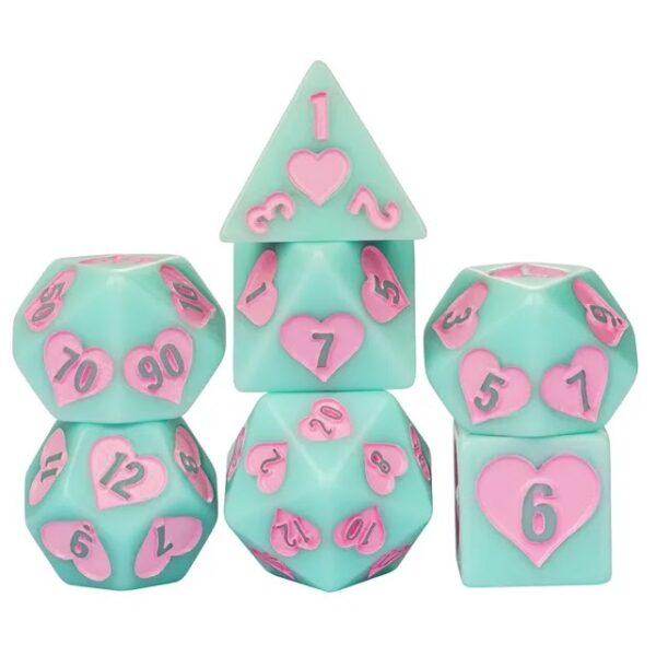 Polydice Pastel Cupid - Resin - 7 stuks - Inclusief dice bag - Groen/ Roze