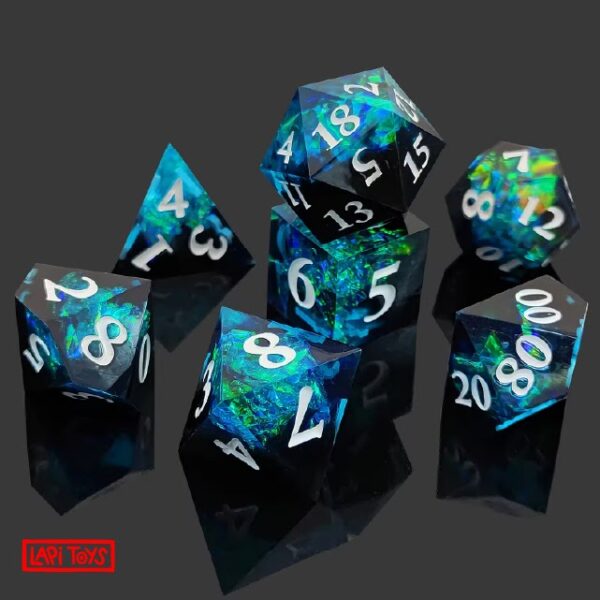 Polydice Deepest Depths Sharp Edge - Resin - 7 stuks - Inclusief dice bag - Blauw/ Groen