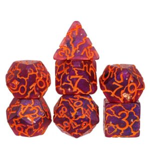 Polydice Cracked Earth - Resin - 7 stuks - Inclusief dice bag - Paars/ Oranje