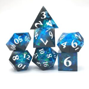 Polydice Deepest Depths Sharp Edge - Resin - 7 stuks - Inclusief dice bag - Blauw/ Groen