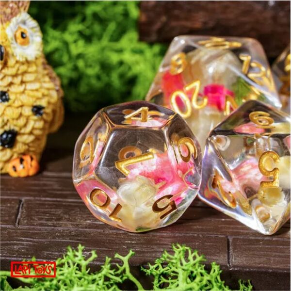 Polydice Floral Sense - Resin - 7 stuks - Inclusief dice bag - Transparant