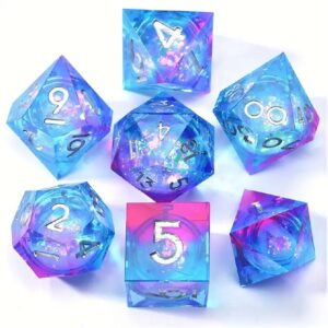 Polydice Fairy Fire Liquid Core  - Resin - 7 stuks - Inclusief dice bag - Blauw/ Paars