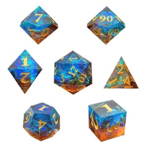 Polydice Firey Sunset Sharp Edge  - Resin - 7 stuks - Inclusief dice bag - Oranje/ Blauw