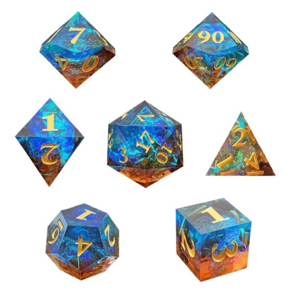 Polydice Firey Sunset Sharp Edge  - Resin - 7 stuks - Inclusief dice bag - Oranje/ Blauw