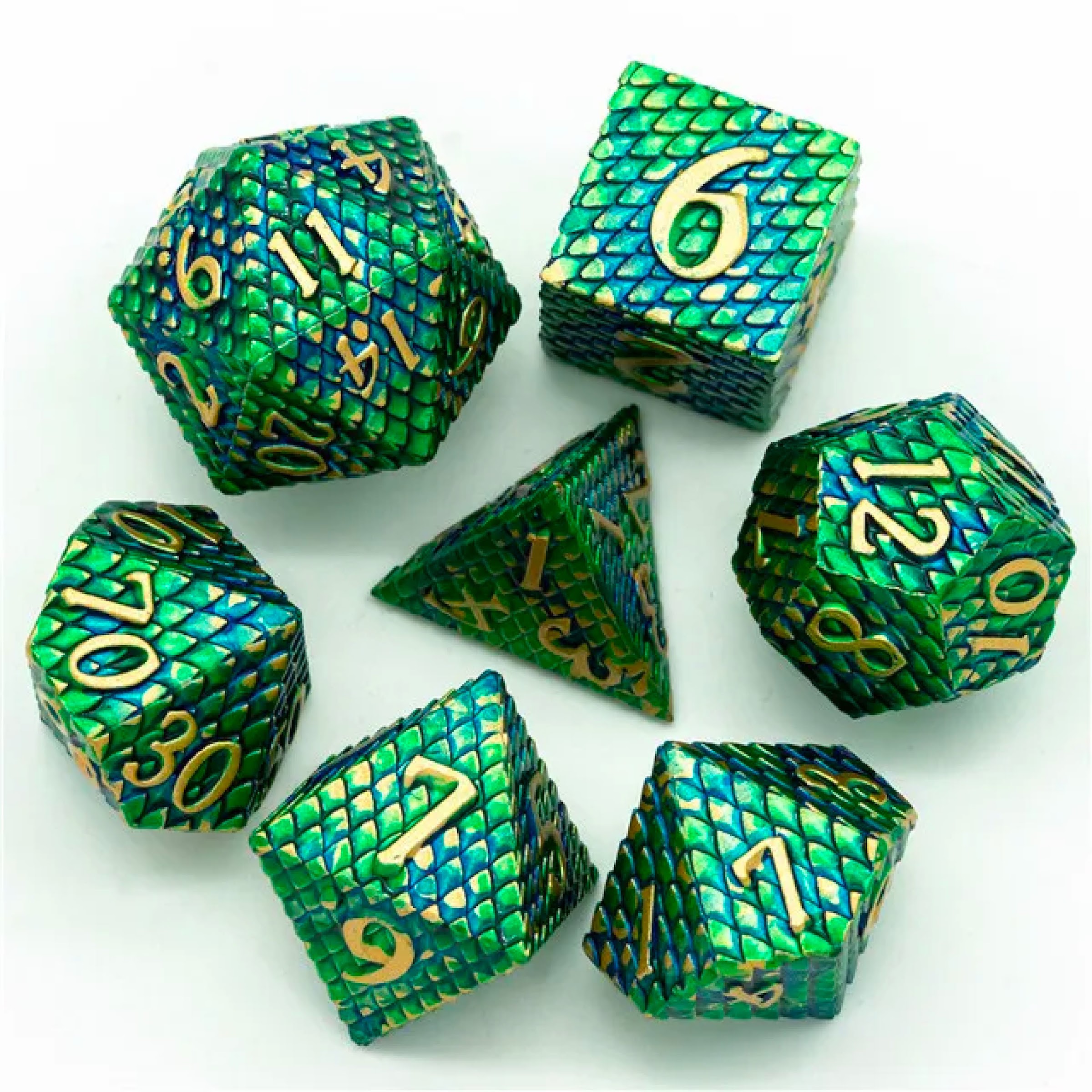 DnD Serpentine Dragon Scale Polydice Set - 7 pieces - Metal - Green - Yellow