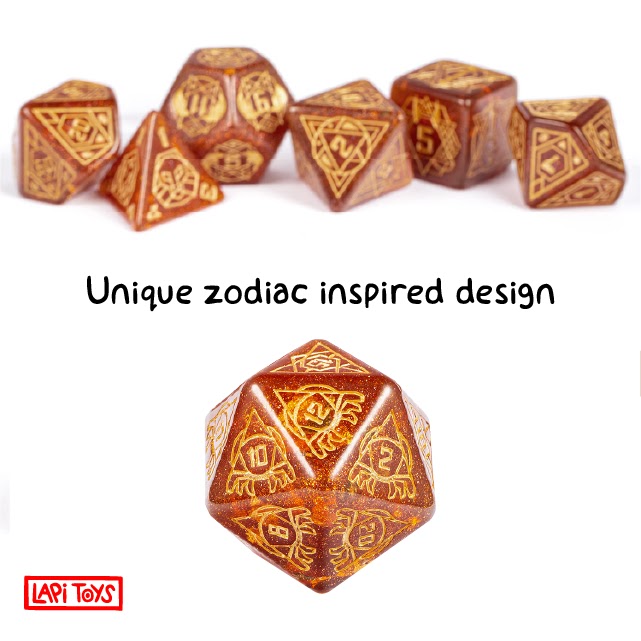 Polydice Zodiac Flames XL - Resin - 7 pieces - Includes dice bag - Red