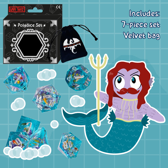 Polydice Reefs of Mystery - Resin - 7 pieces - Includes dice bag - Blue