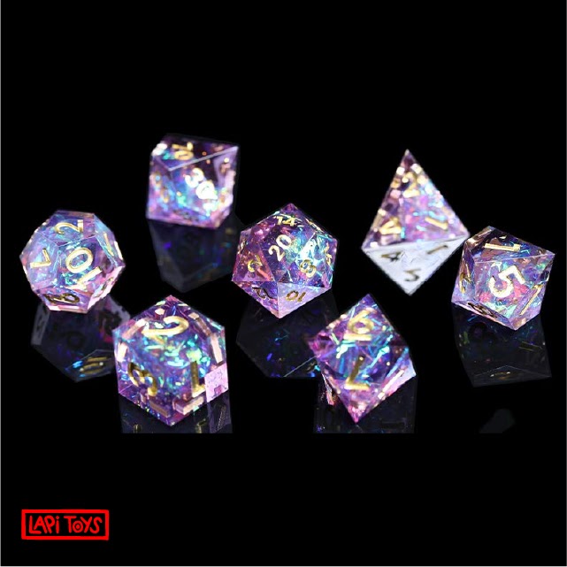 Polydice Moonlight Crystal Sharp Edge - Resin - 7 pieces - Includes dice bag - Pink/Purple