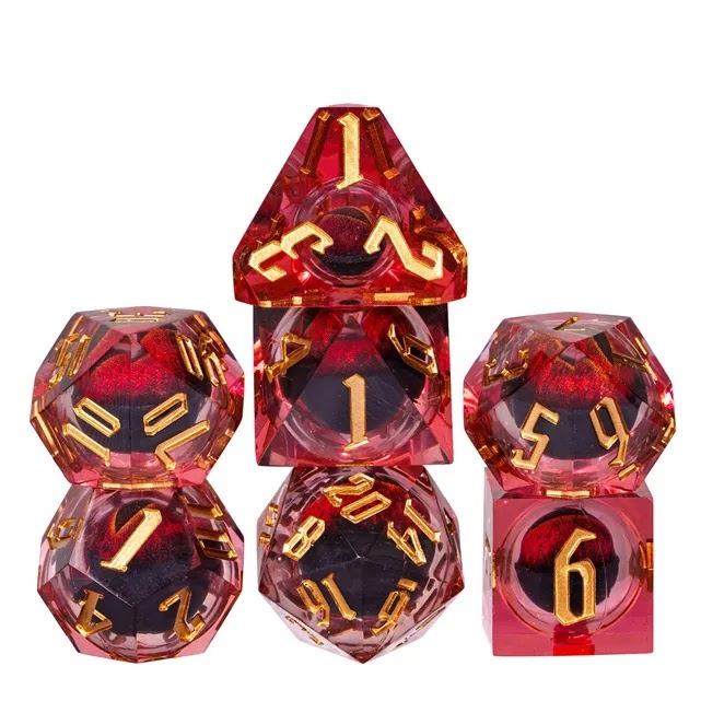 Polydice Firey Demon Eye - Resin - 7 pieces - Includes dice bag - Transparent/ Red