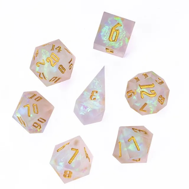 Polydice Pure Heart Sharp Edge - Resin - 7 pieces - Includes dice bag - Transparent/ White