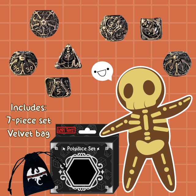 Polydice Necromancers Gold - Metal - 7 pieces - Includes dice bag - Gold colored