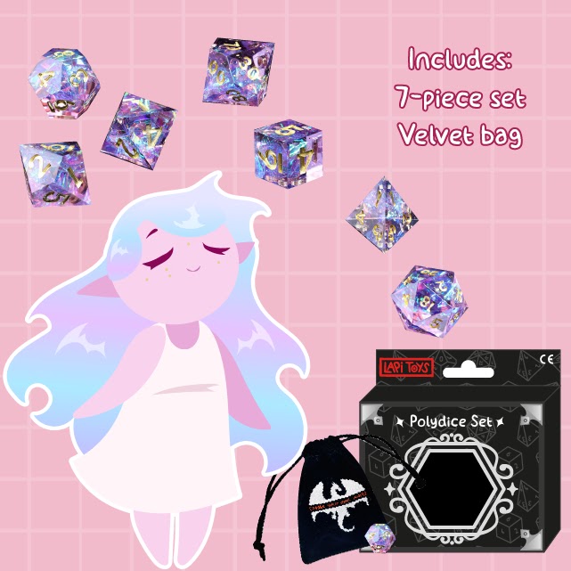 Polydice Moonlight Crystal Sharp Edge - Resin - 7 pieces - Includes dice bag - Pink/Purple